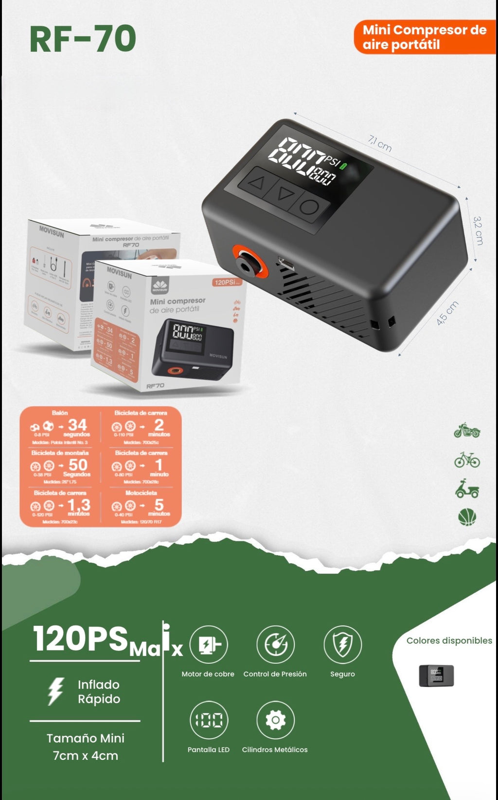 Mini Compresor de Aire Portátil Movisun RF-70, un dispositivo inalámbrico diseñado para inflar neumáticos de vehículos, bicicletas, balones y más