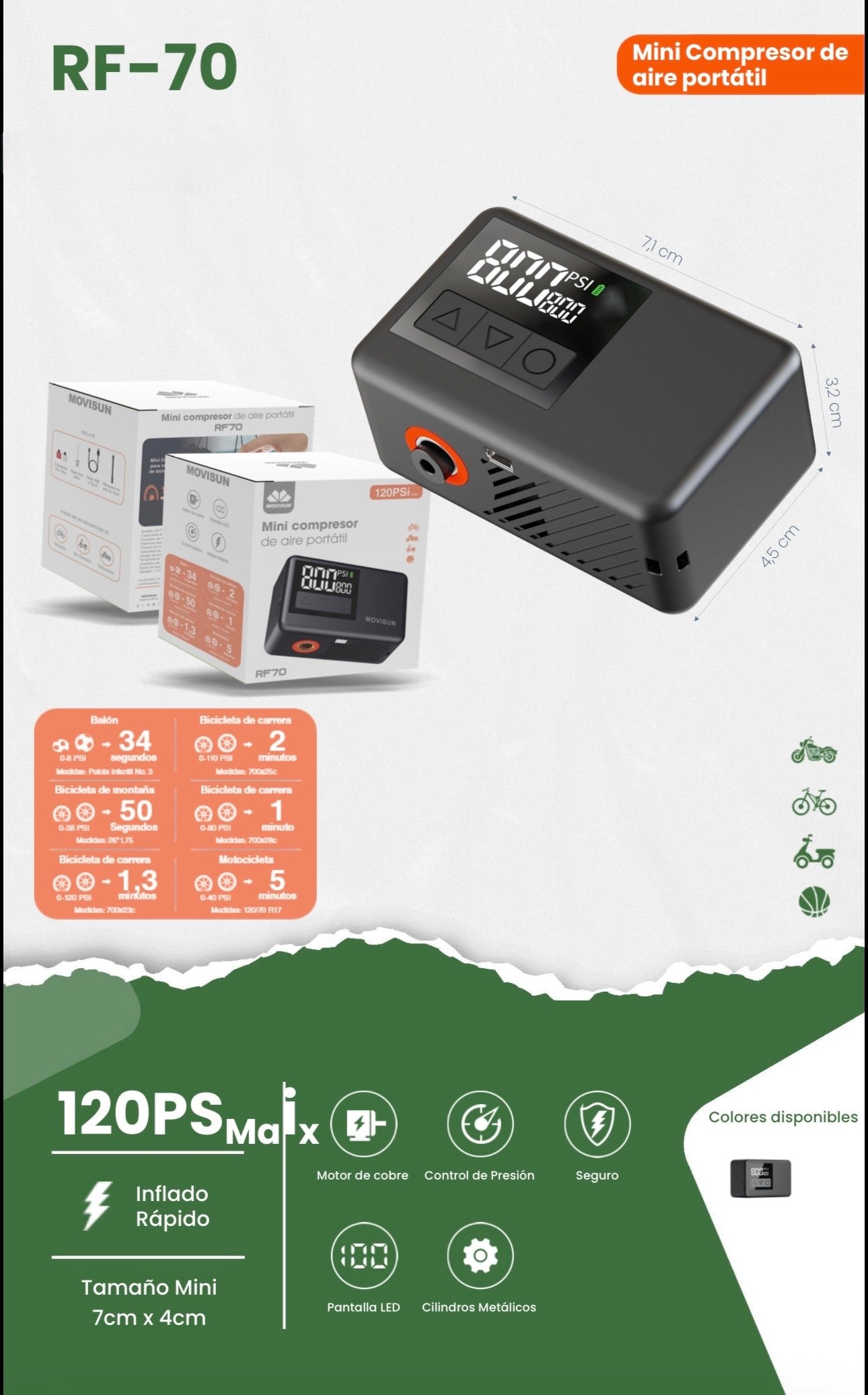 Mini Compresor de Aire Portátil Movisun RF-70, un dispositivo inalámbrico diseñado para inflar neumáticos de vehículos, bicicletas, balones y más