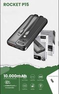 Power bank 10.000mah Movisun Rocket P15, diseñada para ofrecer carga rápida en un formato compacto Se destaca principalmente por incluir cables integrados y una pantalla digital que muestra el nivel exacto de energía