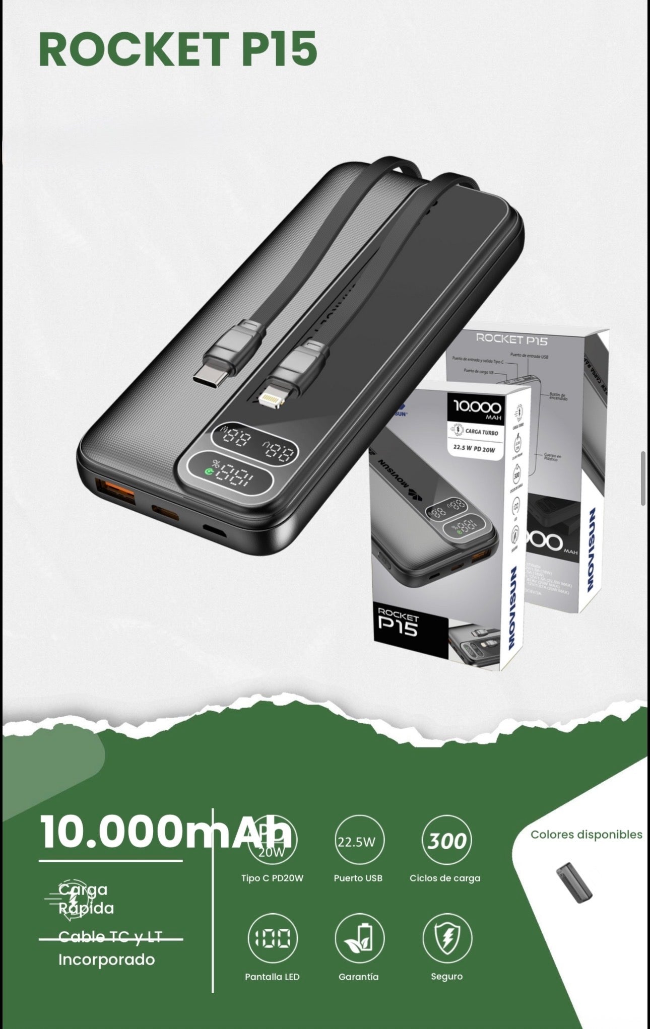 Power bank 10.000mah Movisun Rocket P15, diseñada para ofrecer carga rápida en un formato compacto Se destaca principalmente por incluir cables integrados y una pantalla digital que muestra el nivel exacto de energía