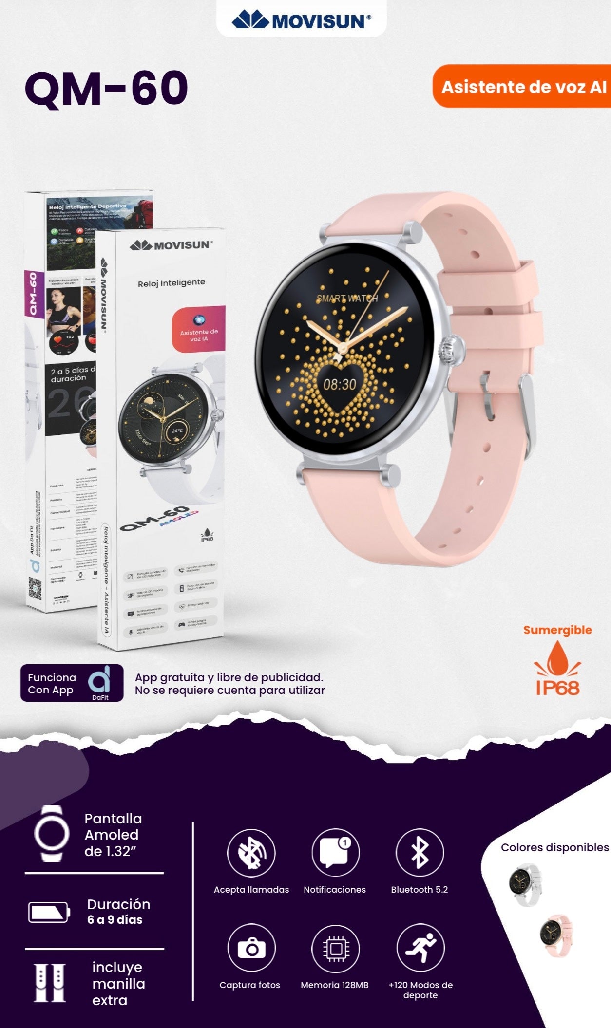 reloj inteligente Movisun modelo QM-60 con pantalla AMOLED y asistente de voz de IA ip68