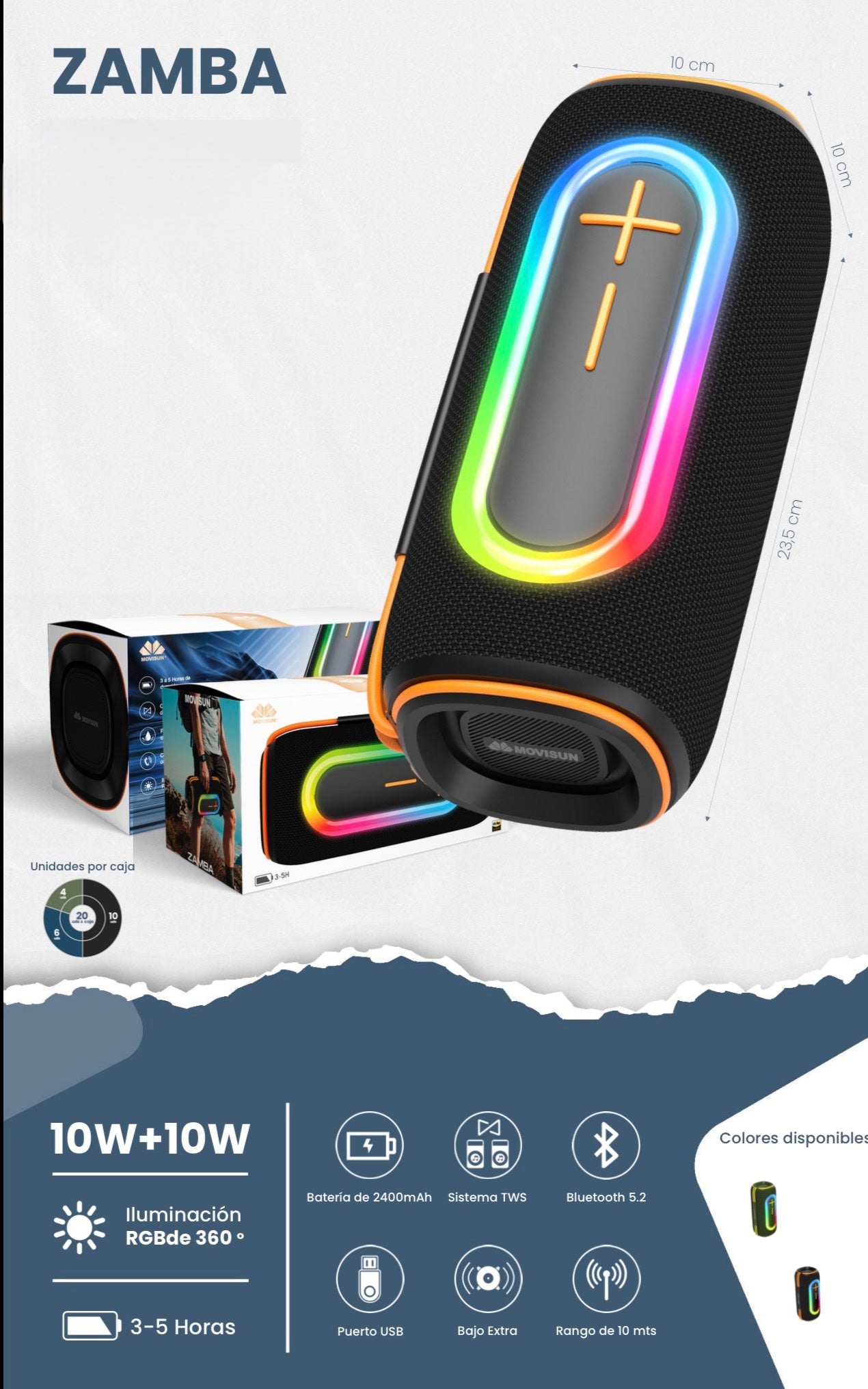 Movisun Zamba, diseñado con una potencia de 20W, iluminación RGB de 360 grados y certificación de resistencia al agua IPX6