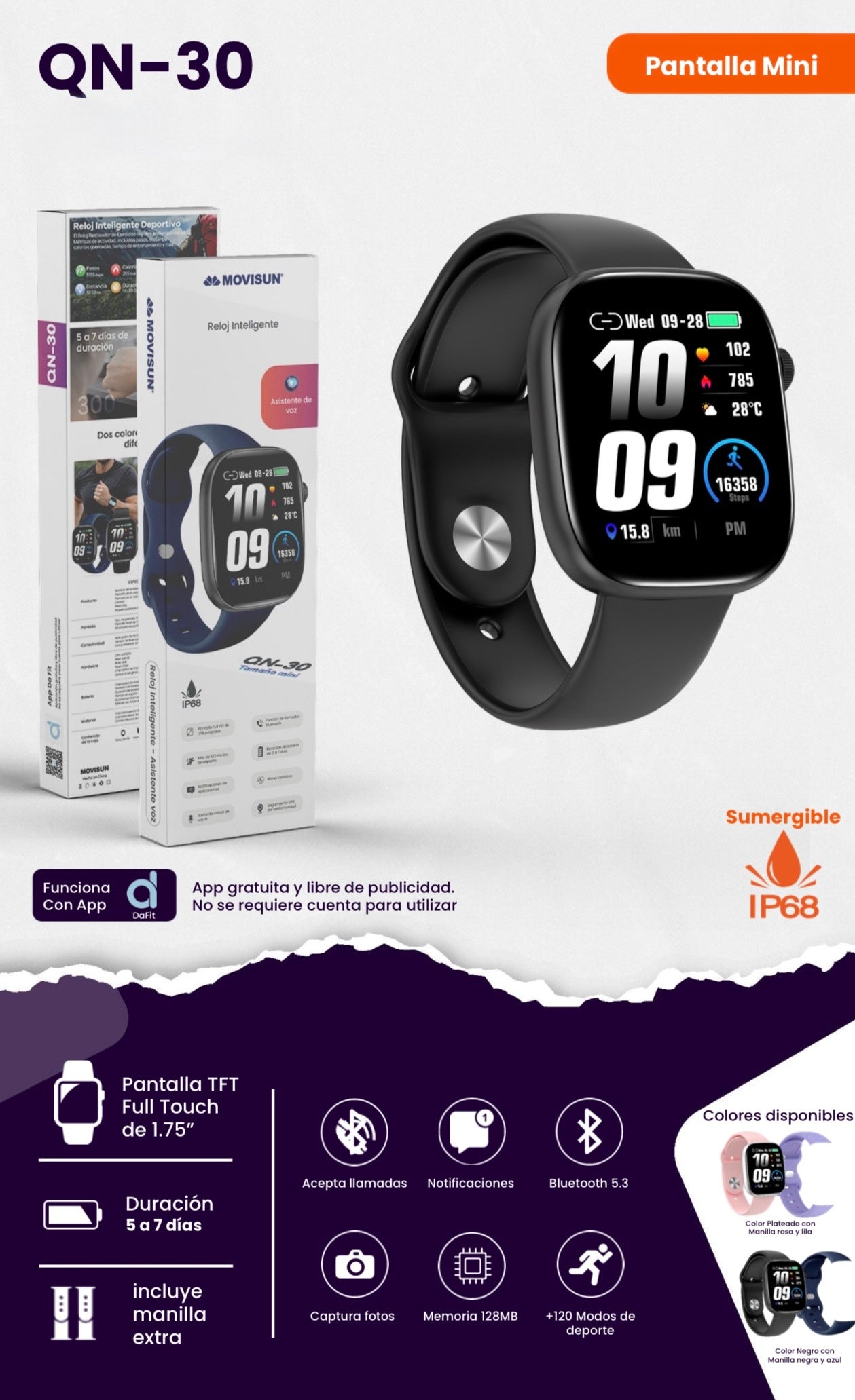 reloj inteligente deportivo marca Movisun, modelo QN-30 IP68