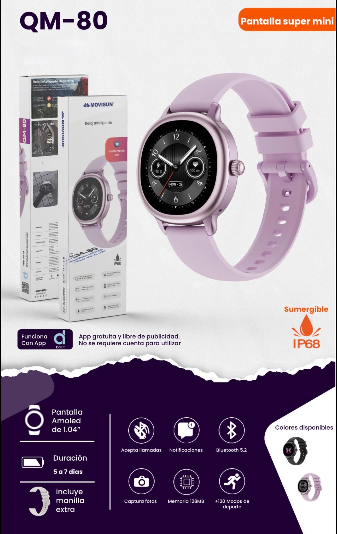 QM-80, un reloj inteligente de diseño compacto ("super mini") orientado tanto al uso deportivo como al estilo diario
