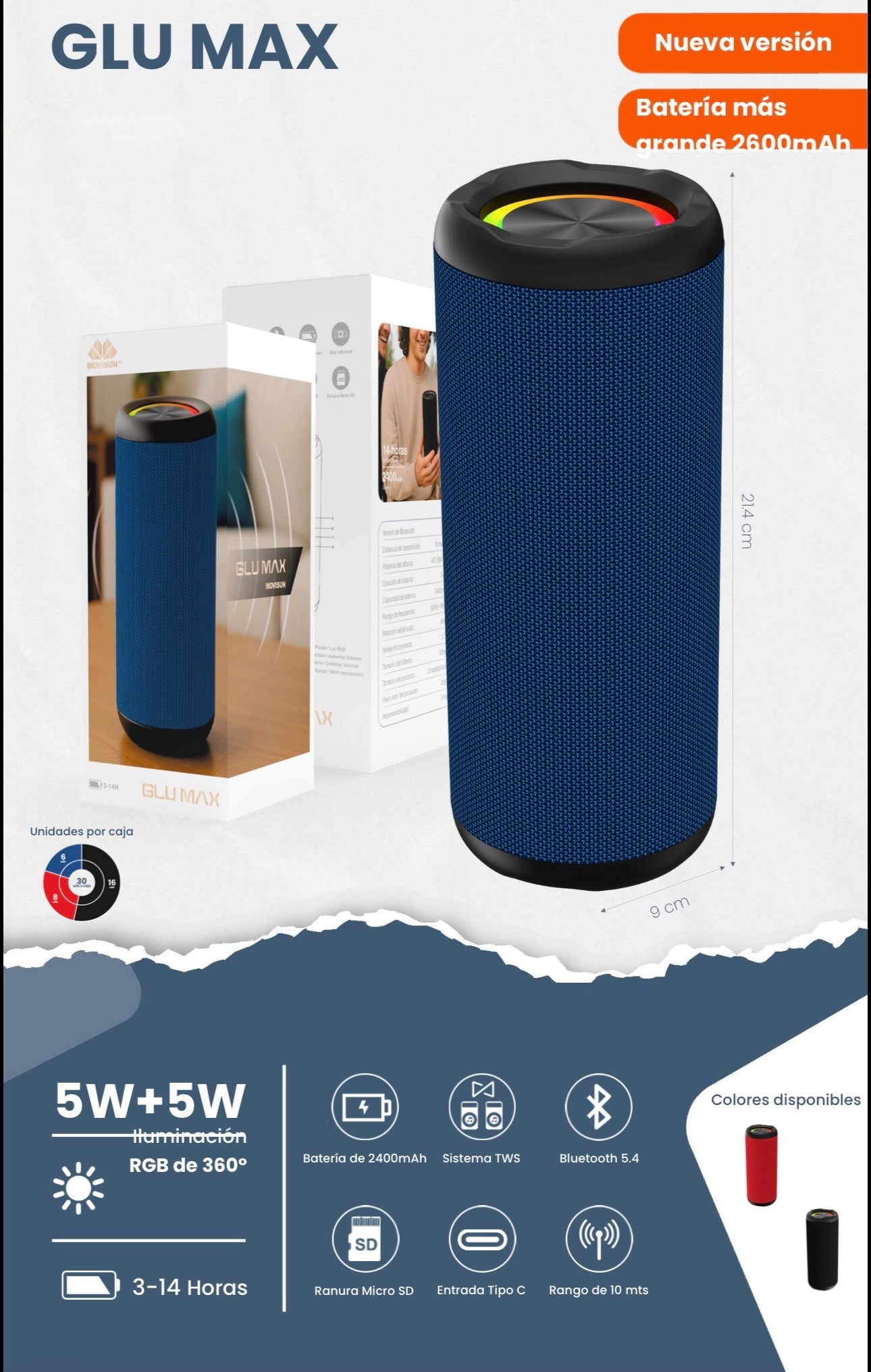 parlante Bluetooth Movisun Glu Max, un altavoz portátil diseñado para ofrecer potencia y versatilidad en un formato compacto