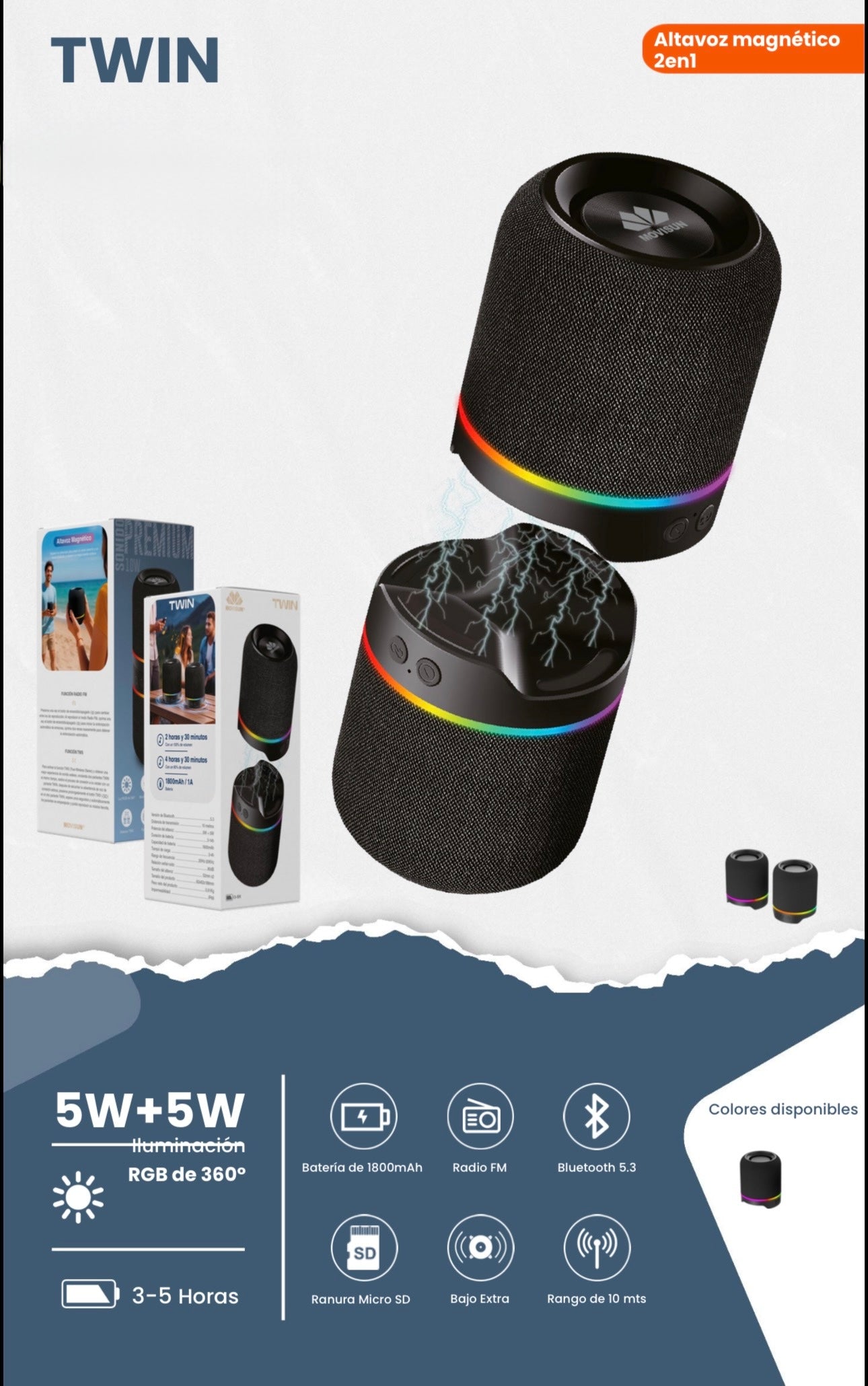 Movisun Twin, un innovador sistema de altavoces 2 en 1 con diseño magnético que permite separar o unir las unidades según la necesidad