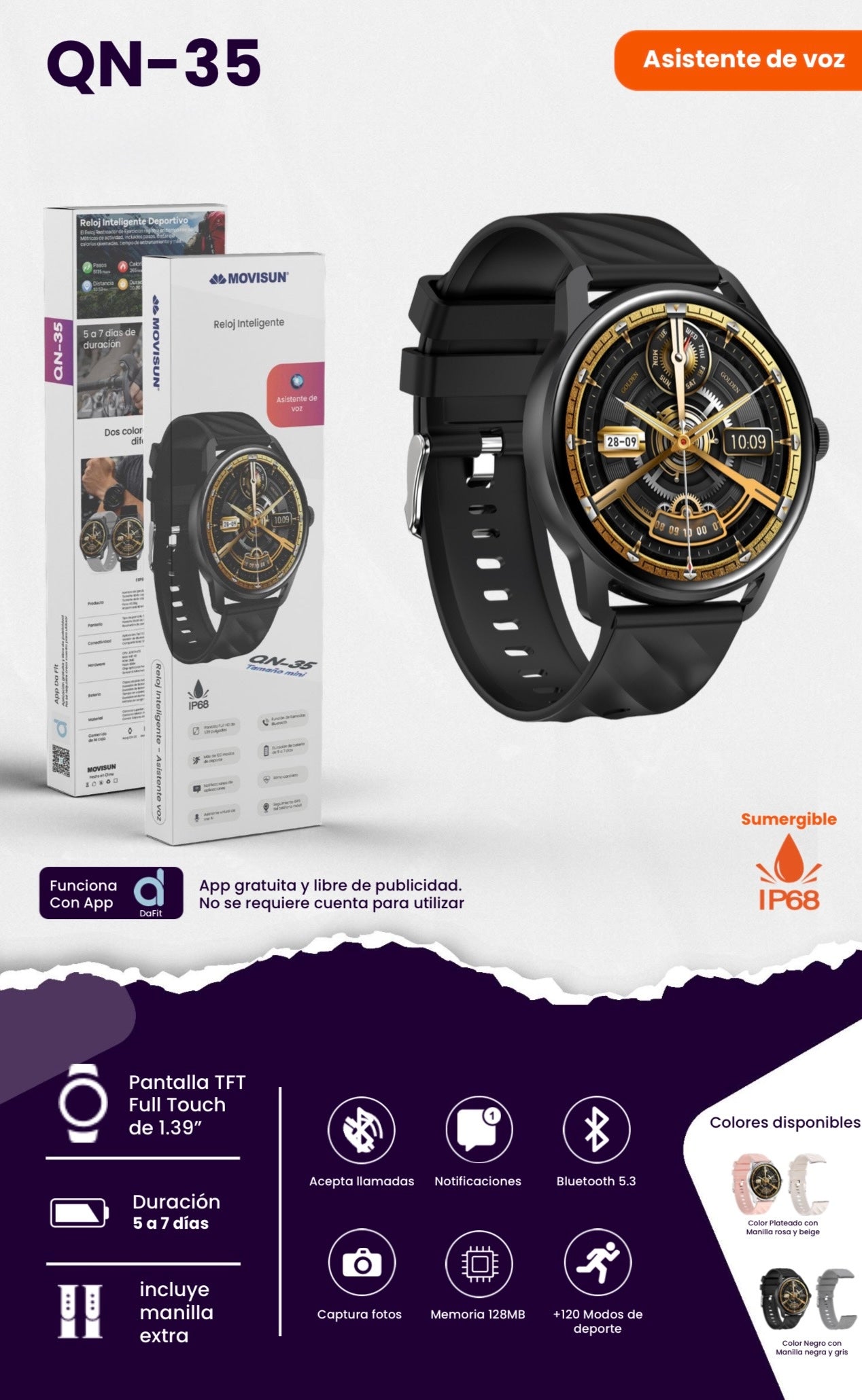 reloj inteligente Movisun QN-35 es un dispositivo deportivo sumergible con pantalla táctil de 1.39 pulgadas, funciones de asistente de voz y compatibilidad con la aplicación DaFit