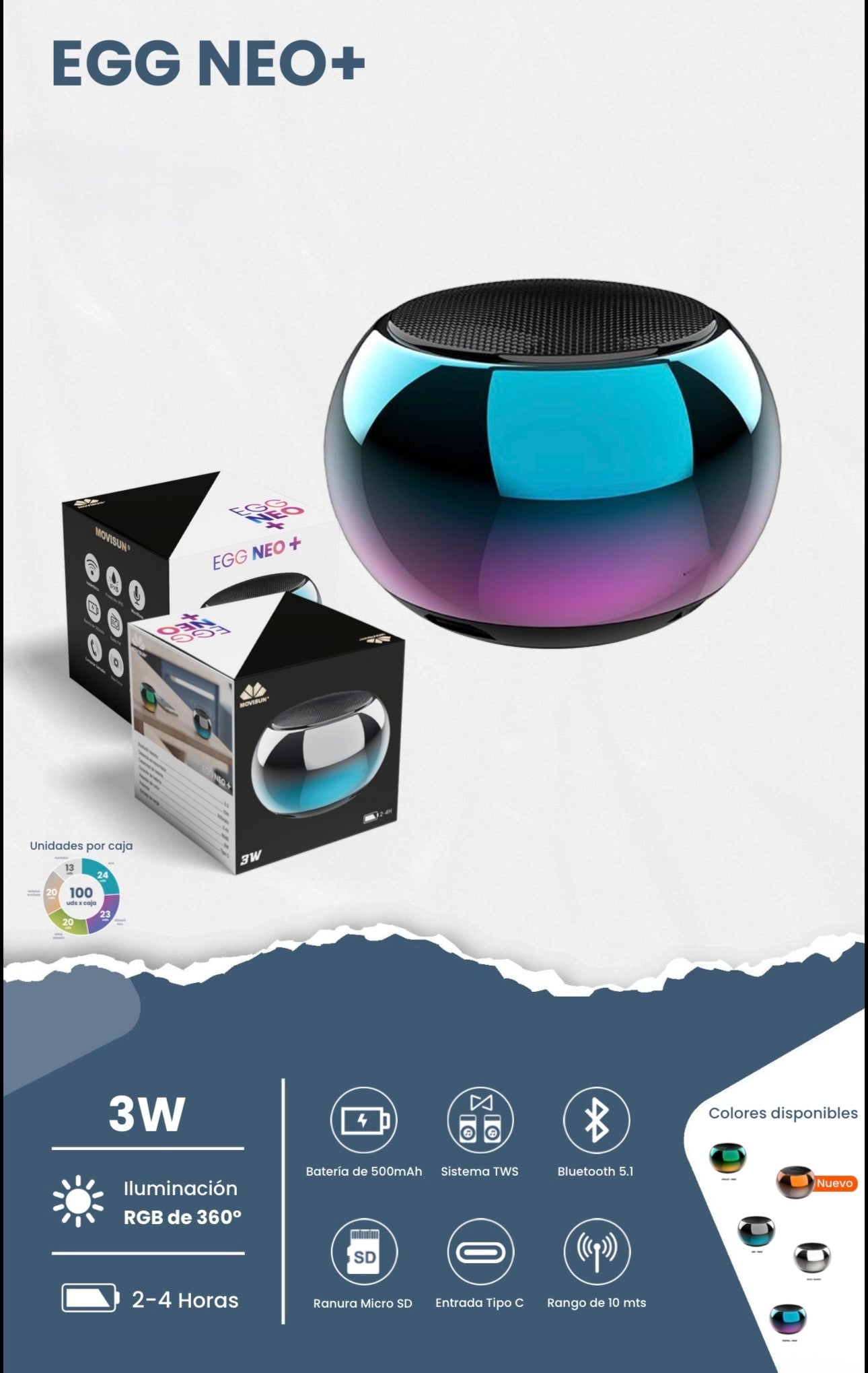 mini parlante Movisun Egg Neo+, un altavoz Bluetooth ultra-portátil con un acabado metálico y diseño compacto